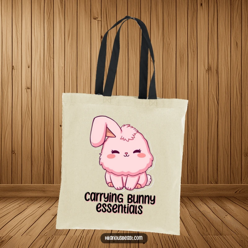 Funny fluffy pink bunny tote bag with one ear flopped over, designed for stylish and humorous carrying of essentials. A cute funny bag.