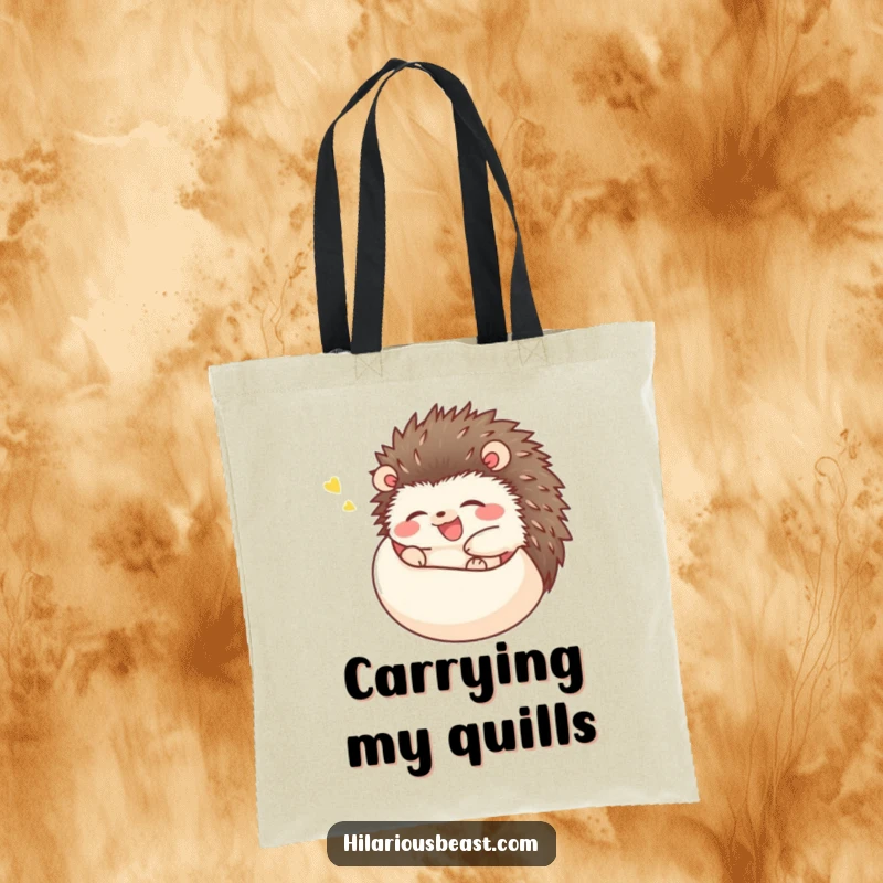 Funny happy hedgehog tote bag with a hedgehog rolling into a ball and giggling uncontrollably, a cute and amusing carry-all