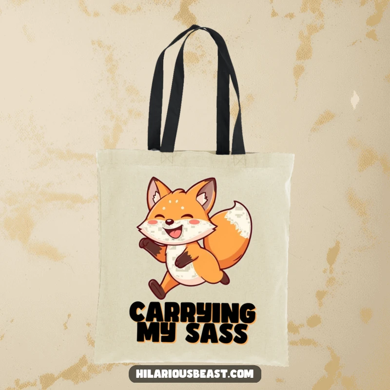 Funny kawaii fox tote bag depicting a grinning fox leaping joyfully mid-air, its tail wagging with infectious enthusiasm, perfect for daily use.