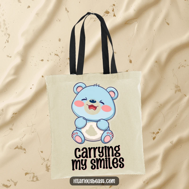 Funny blue bear cub, face scrunched in delight, giggling heartily, featured on a practical and humorous tote bag.