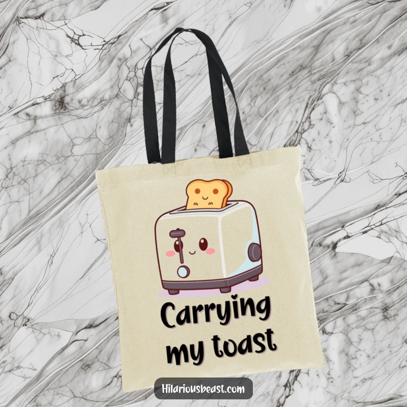 Funny tote bag showcasing a square toaster with a happy expression, popping toast upwards with a spring, perfect for humorous errands.