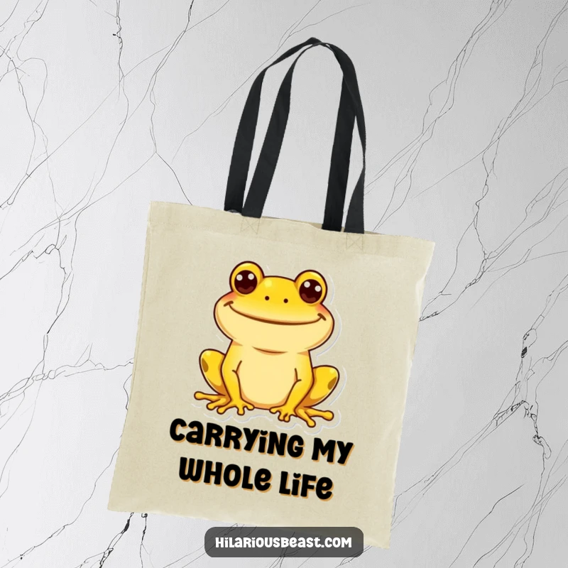 Funny yellow frog tote bag featuring a huge, goofy grin, perfect for errands or shopping with a cheerful vibe. A functional funny accessory.