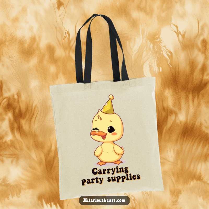 Funny duckling tote bag, wearing a tiny party hat and winking, perfect for carrying items with playful charm.