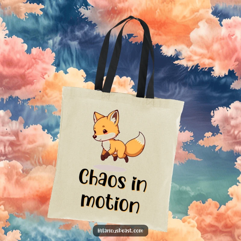 Funny Fox Cub Tote Bag: a charming canvas bag with a playful fox cub chasing its tail in circles.
