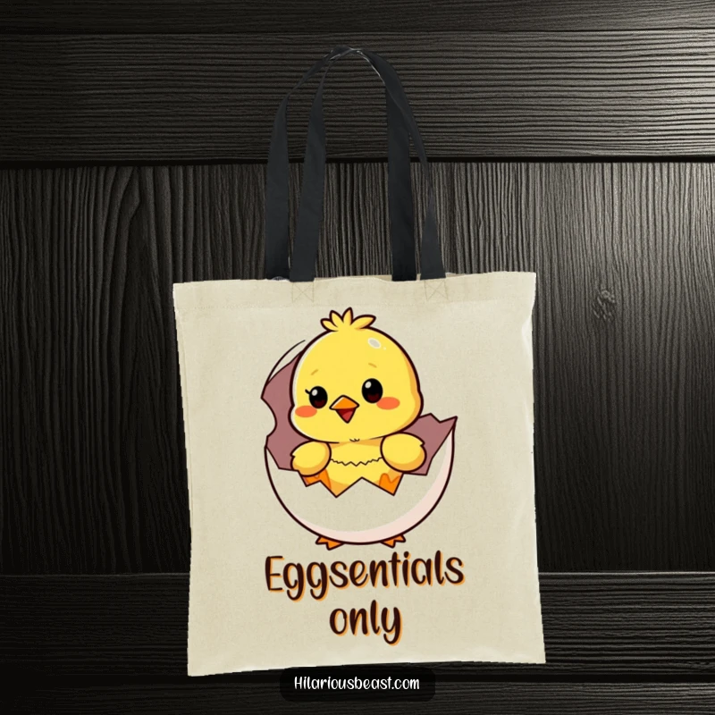 Funny yellow chick peeking out of a hatched egg, looking surprised and happy, on a stylish tote bag.