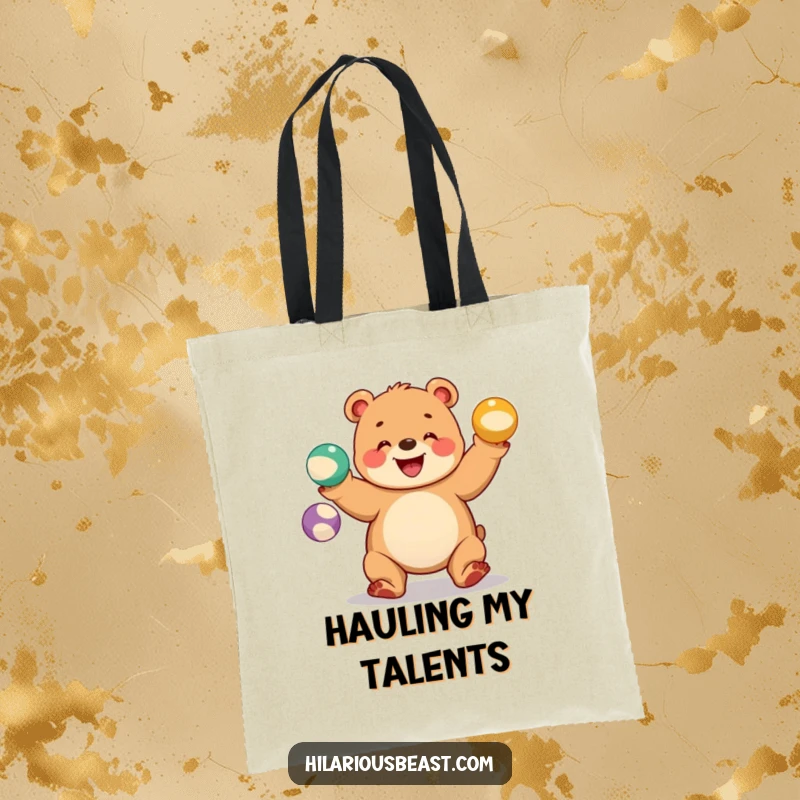 Funny bear cub tote bag featuring a chubby cub juggling three colorful balls with a wide grin, a charming and practical accessory.