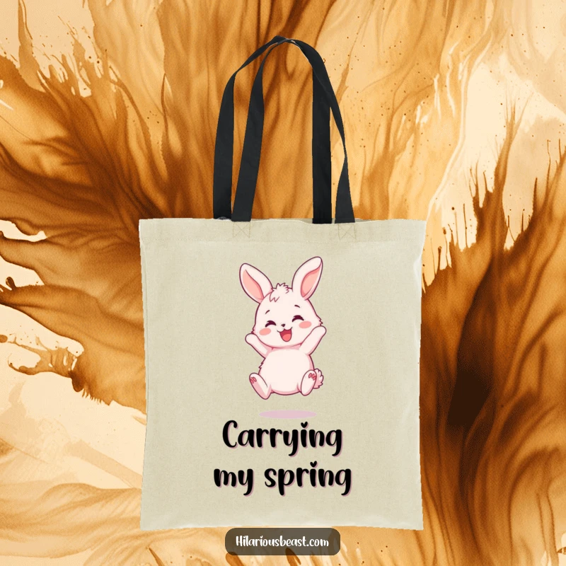 Funny Bunny Bouncing Tote Bag - A durable tote featuring a fluffy pink bunny joyfully bouncing, with ears flopping playfully, perfect for errands.