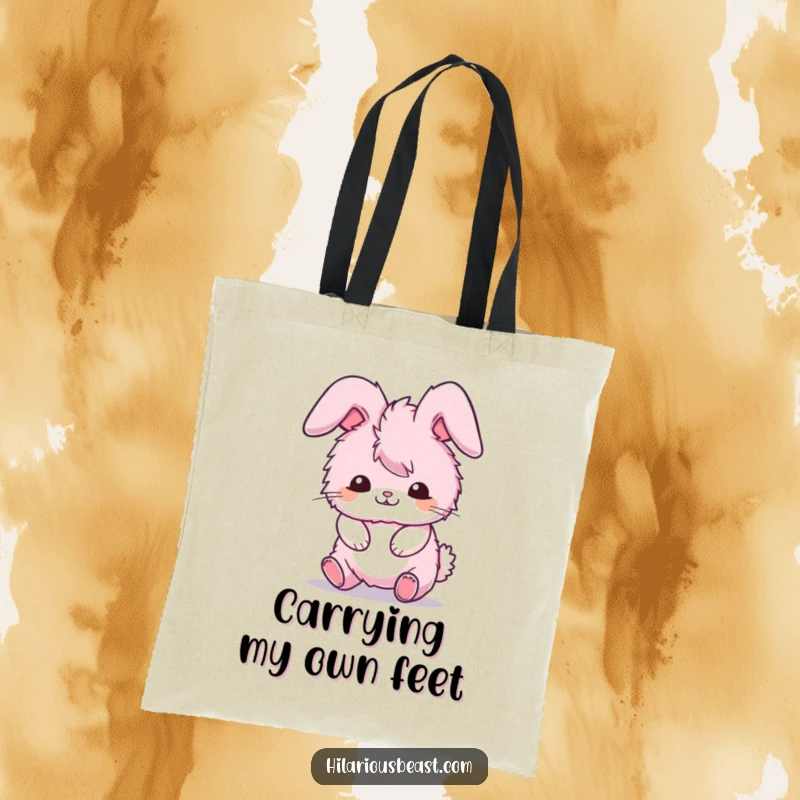Funny tote bag with a fluffy pink bunny comically tripping over its own ears, a whimsical funny gift.