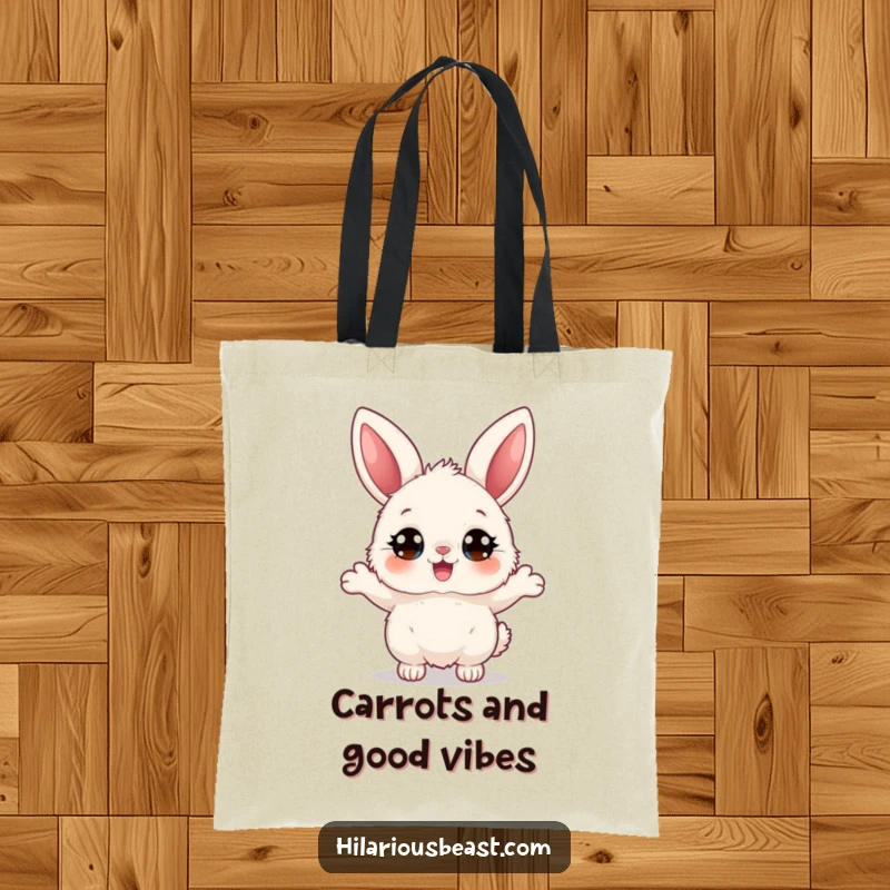 Funny fluffy bunny tote bag showcasing a character with big eyes bouncing joyfully, perfect for daily use and spreading adorable, humorous cheer.