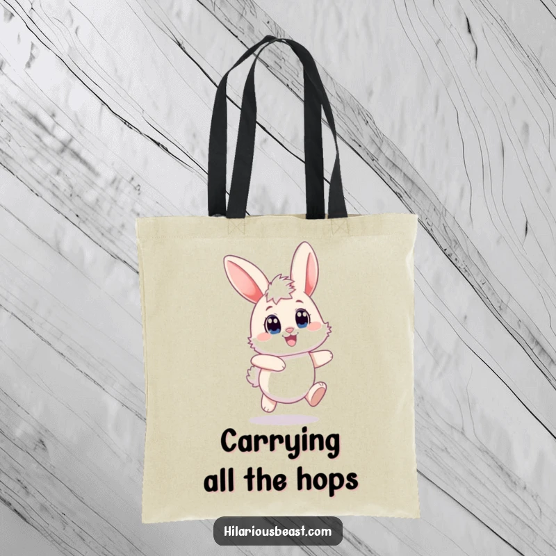 Funny bunny tote bag with a fluffy rabbit hopping joyfully, its big eyes wide and ears flopping, ready for adventure.