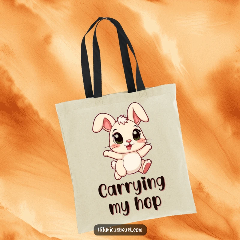 Funny cartoon bunny tote bag featuring a bunny with large eyes, ears flopped forward, hopping with pure joy.