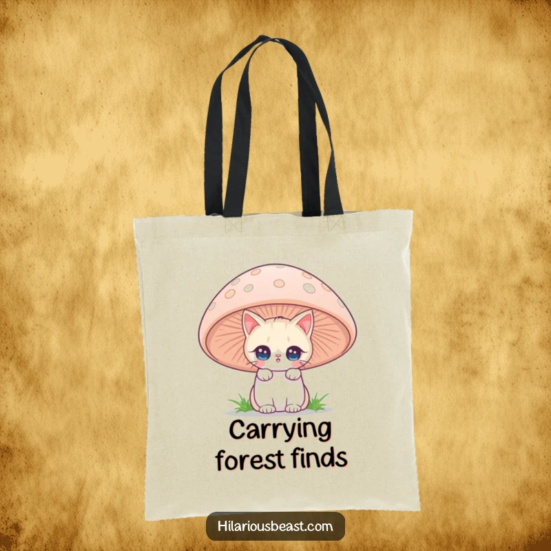 Funny cat peeking from a mushroom on a tote bag, perfect for whimsical humor and a funny gift.