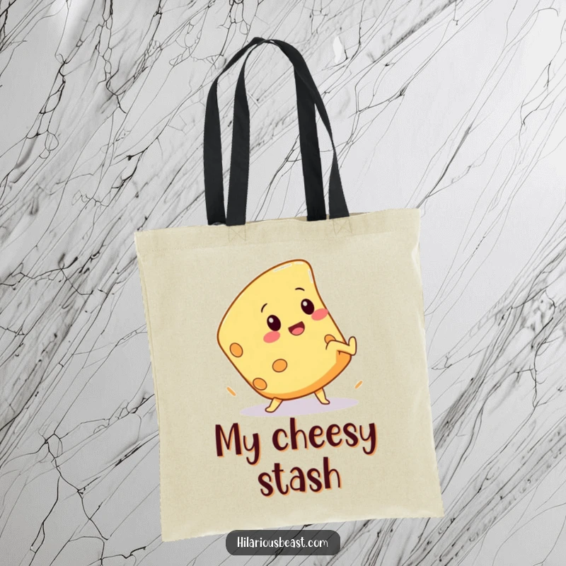 Funny tote bag with a squeaky cheese wedge character attempting a hilarious cartwheel, ready for market day with a wiggle.