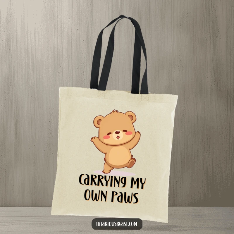 Funny brown bear cub tote bag depicting a shaky, clumsy dance, perfect for anyone who loves a bit of uncoordinated fun. A functional funny accessory.