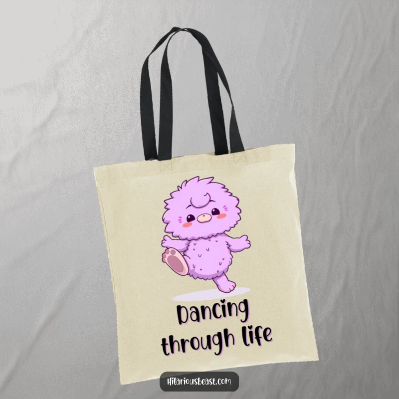Funny tote bag with a fluffy purple creature dancing energetically with huge feet, perfect for carrying items with a humorous flair.
