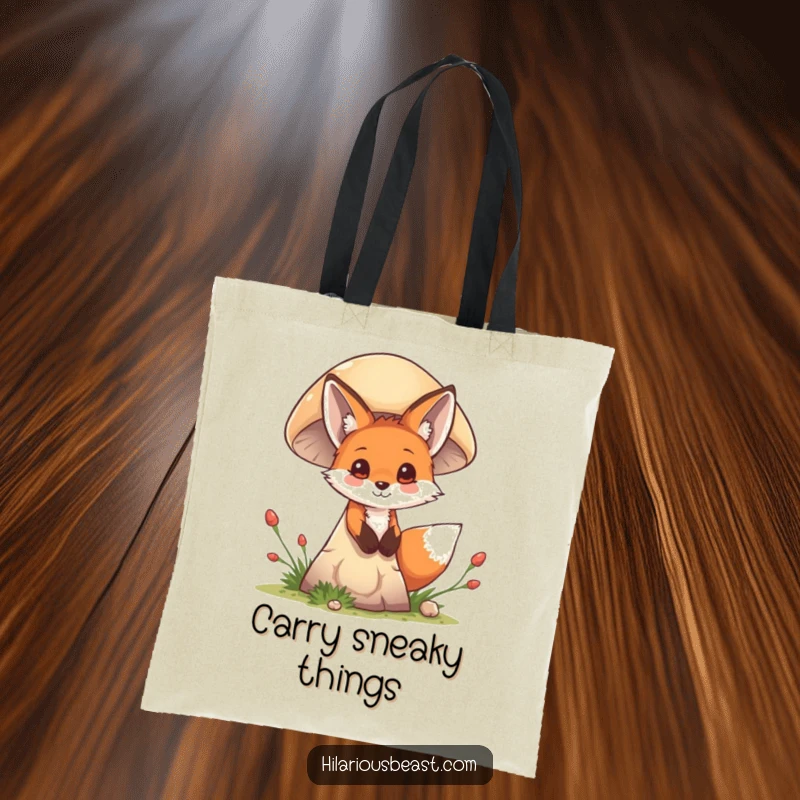 Funny mischievous fox cub peeking from behind a giant mushroom, durable tote bag, perfect for carrying treasures with a playful air.