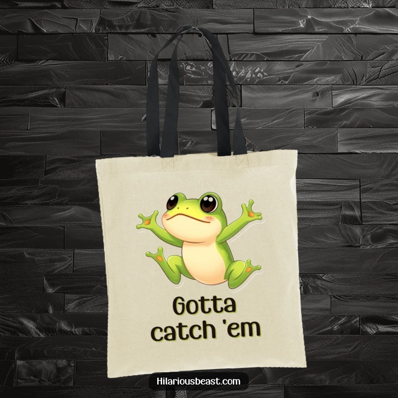 Funny frog tote bag featuring a small green frog leaping with a surprised expression, great for shopping and carrying humor. Perfect for eco-conscious and funny gift seekers.