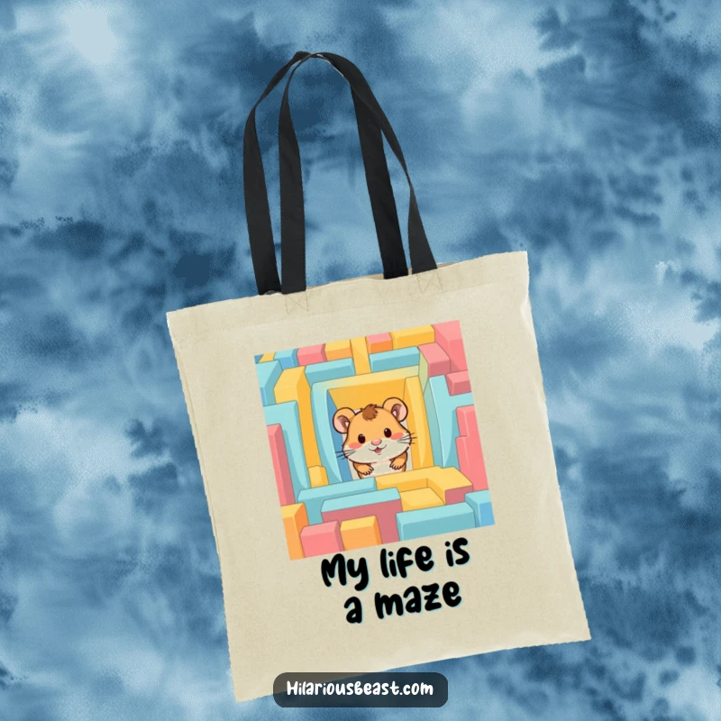 Funny hamster tote bag featuring a curious hamster peeking from a colorful maze, perfect for carrying daily items.