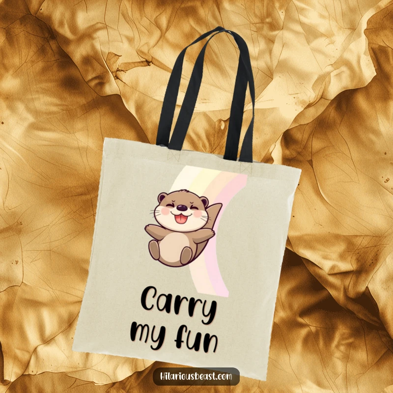 Funny Otter Tote Bag: Adorable grinning otter slides down a rainbow, perfect for everyday use.