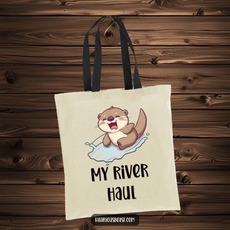 Funny giggling otter sliding down a slippery hill with a splash of water, printed on a tote bag, ideal for carrying joy and essentials.