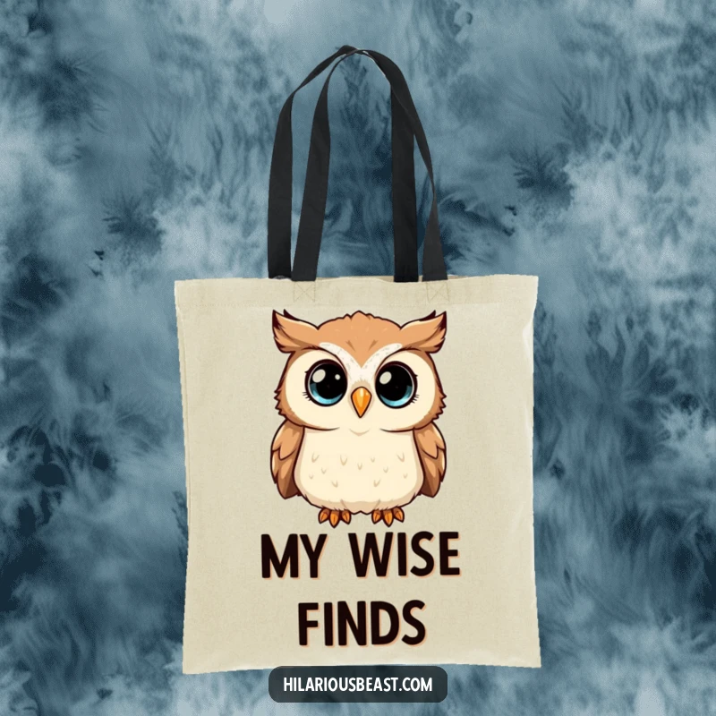 Funny Tote Bag featuring a curious owl tilting its head, sparkling eyes wide, ready to carry your treasures wisely.