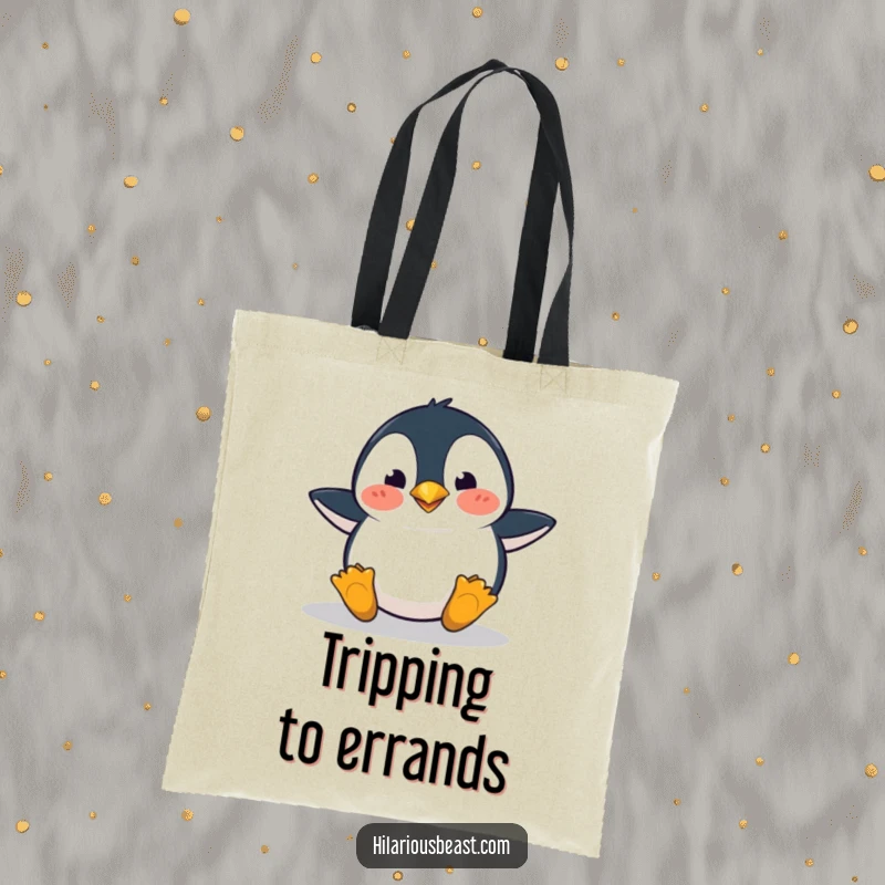 Funny penguin tote bag featuring a clumsy penguin tripping with a surprised face, ready to carry your items with humor.