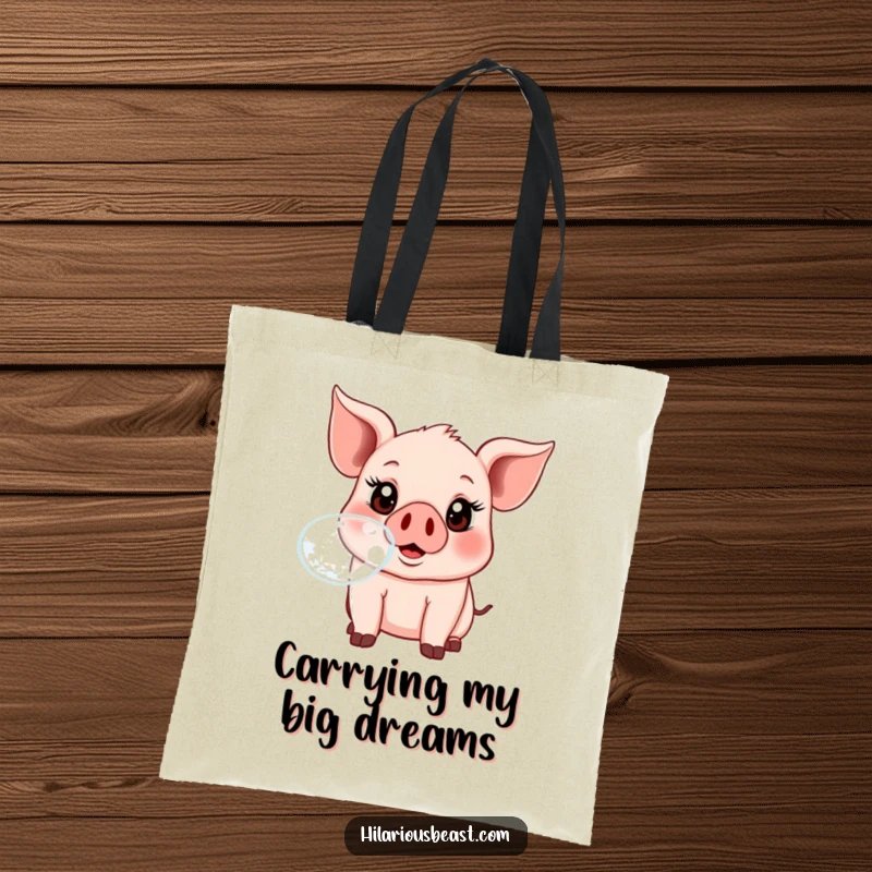 Funny cartoon piglet with huge, happy eyes blowing a translucent bubble, depicted on a durable tote bag.