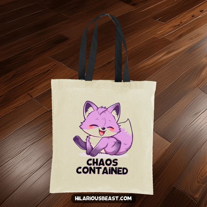 Funny purple fox cub tumbling head over heels with pure glee, captured on a stylish and humorous tote bag.