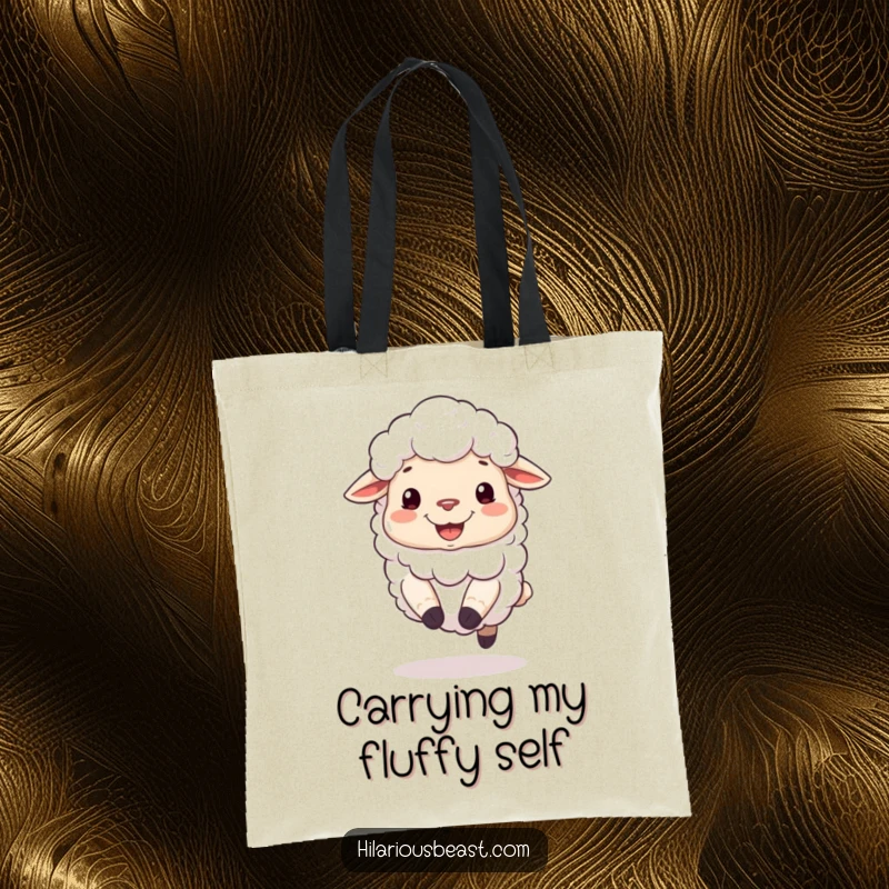 Funny tote bag with a fluffy sheep adorably bouncing on its hooves with a silly grin.