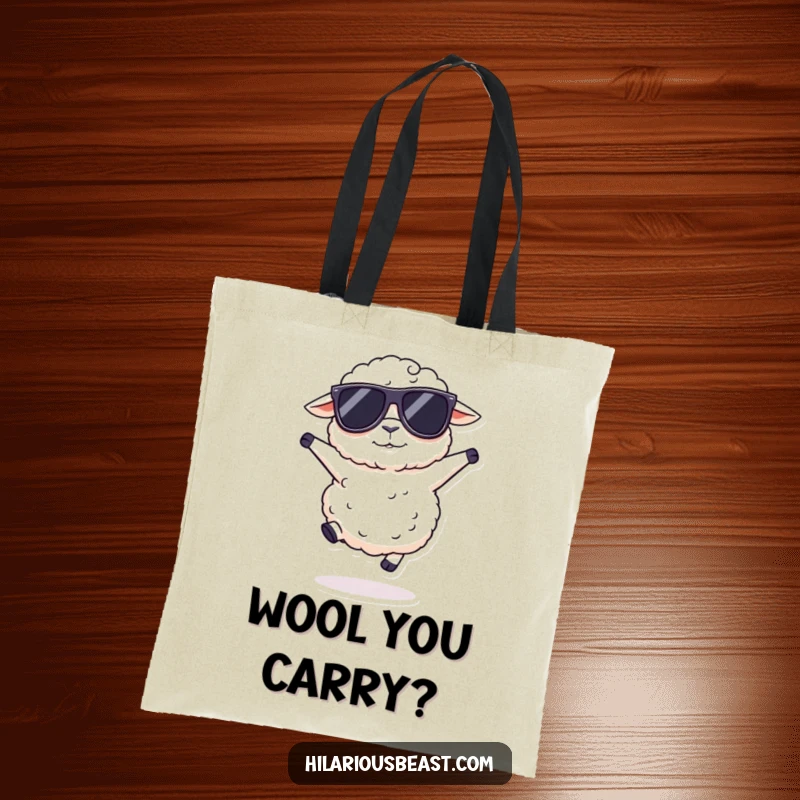 Funny fluffy sheep tote bag wearing oversized sunglasses, doing a silly hop, ready to carry your belongings with cool flair.