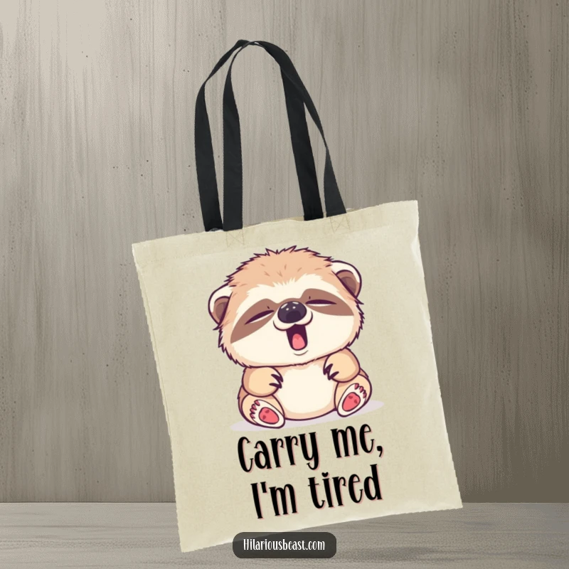 Funny sleepy sloth cub yawning, tiny yawn, cute tote bag, perfect for carrying items.