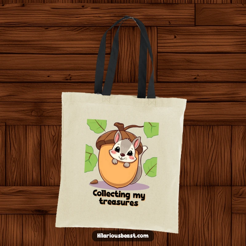 Funny tote bag with a shy squirrel peeking from behind a huge acorn, complete with a subtle smirk.