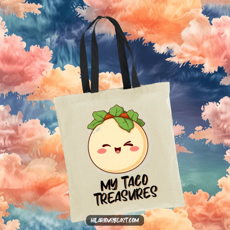 Funny tote bag with a happy, round taco character winking mischievously, ready for errands with a playful taco attitude.