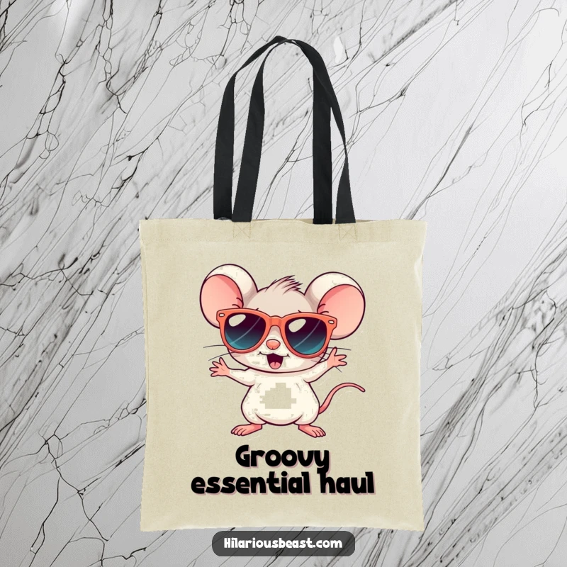 Funny tote bag depicting a tiny mouse in oversized sunglasses striking a vibrant disco pose, perfect for carrying groceries.