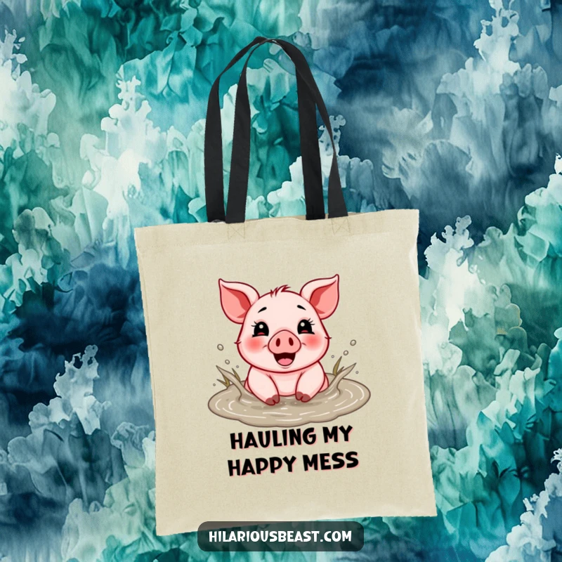Funny tote bag with a cheerful piglet gleefully splashing in a muddy puddle, ready for adventures.