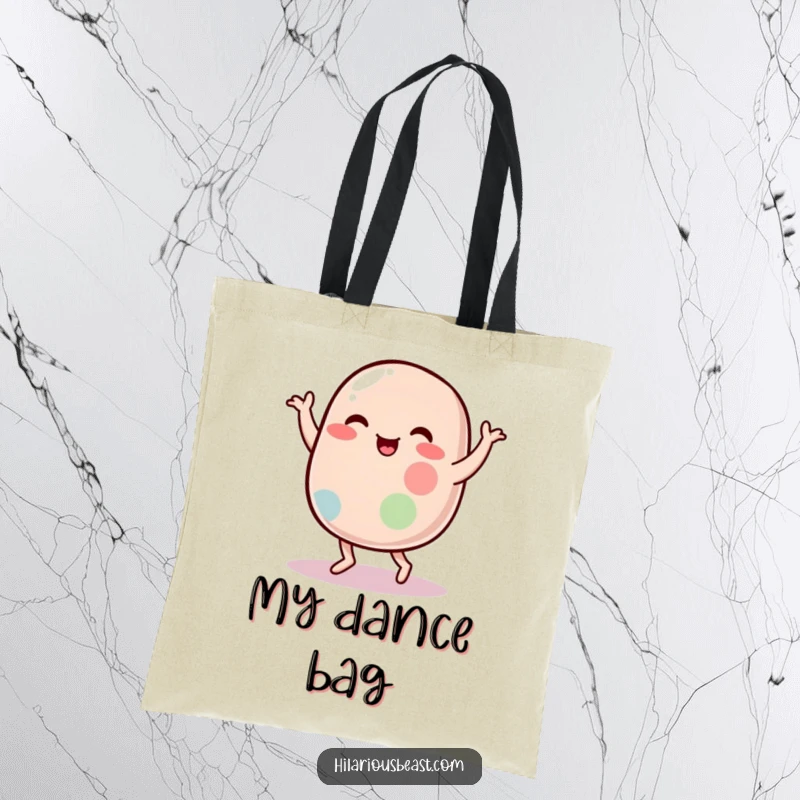 Funny tote bag with a plump, wobbly jelly bean character busting out a ridiculous and happy silly dance, ready for errands.