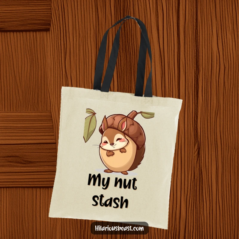 Funny Tote Bag featuring a shy squirrel with a cheeky smirk, peeking from behind a large acorn, a whimsical accessory.