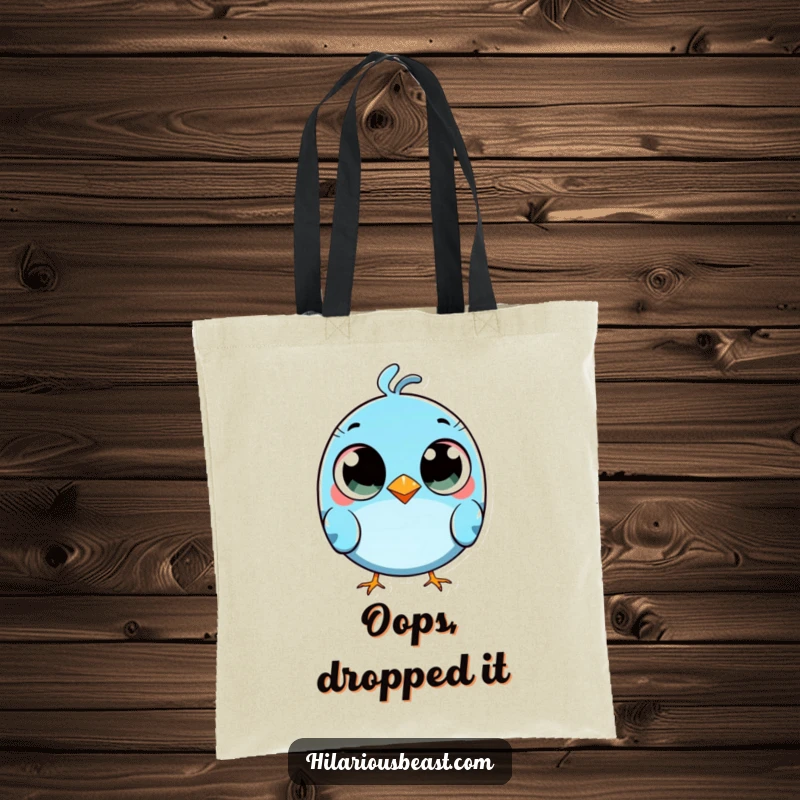 Funny round blue bird tote bag with comically wide eyes, tripping slightly, a charmingly clumsy accessory.